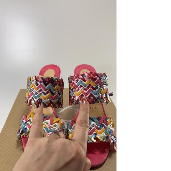 Meroine Pink Rainbow Woven 85mm raffia fringe heels mules D976 - Picture 4 of 11